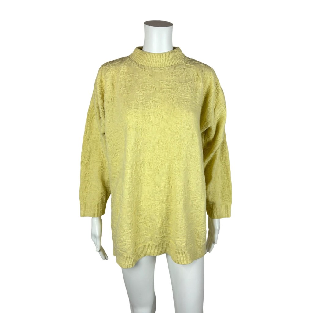 Vintage 80s Slouchy Sweater Yellow Textured Floral Women's Acrylic Pullover
